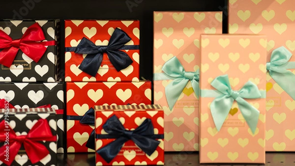 Obraz Colorful gift boxes with heart patterns and decorative bows