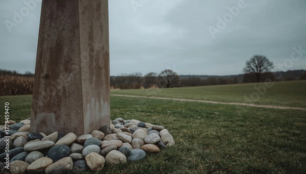 Fototapeta Rustic Stone Pillar in Grassy Field with Overcast Sky Background