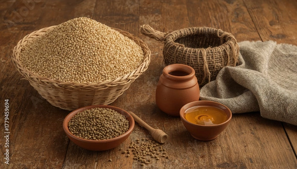 Fototapeta Rustic Still Life Featuring Lentils Quinoa Honey and Natural Elements