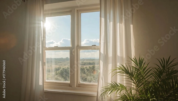 Fototapeta Sunlight streaming through window with airy curtains and indoor plant providing calm