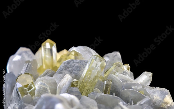 Fototapeta Yellow green brazilianite crystals emerge from pale matrix showing transparent brilliance and unique gemstone structure under perfect lighting conditions.