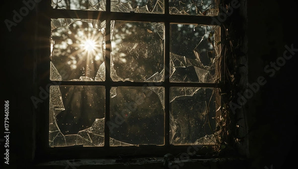 Fototapeta Sunlight through shattered window panes evoking decay and forgotten spaces