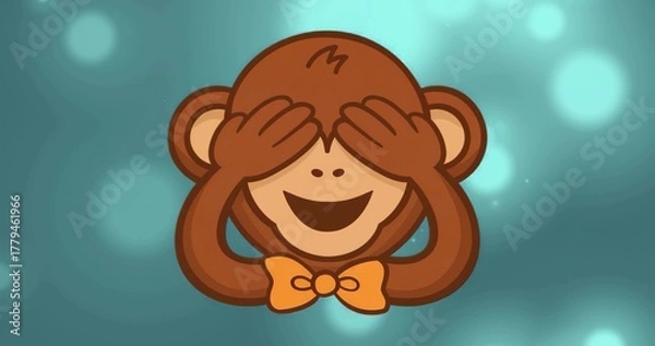 Fototapeta Hiding brown cartoon monkey covering eyes against teal backdrop with bokeh, wearing orange bow tie