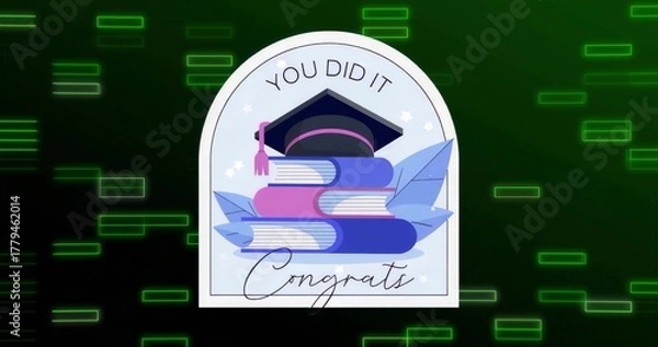 Fototapeta Featuring arched frame highlighting YOU DID IT on dark background, with graduation cap and books