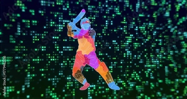 Obraz Holding bat, batsman silhouette standing in pixel grid, with batting helmet, pads gloves