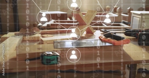 Fototapeta Showing bench featuring drill tape measure and X-puzzle at carpentry workshop, with network overlay