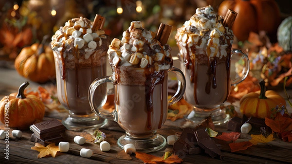 Obraz Three mugs of gourmet hot chocolate with whipped cream, marshmallows, and caramel in a cozy autumn setting with pumpkins and fall leaves