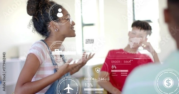 Fototapeta Female teenager wearing denim overalls speaking and gesturing at school, with digital data overlays