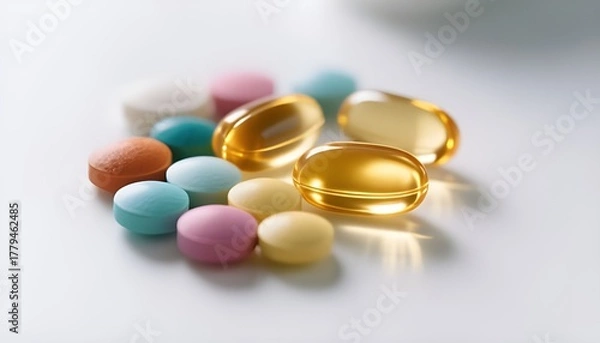 Fototapeta Colorful Vitamin Supplements and Omega-3 Capsules on White Background.