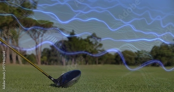 Fototapeta Leaning golf driver head and shaft on fairway grass with digital waveforms, tree line, copy space