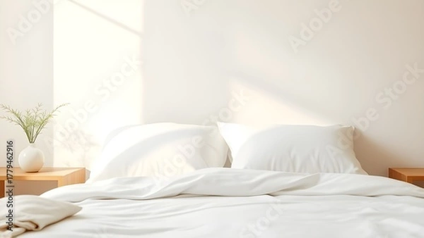 Fototapeta Minimalist Bedroom Interior Reflecting Sleep Wellness and Relaxation.