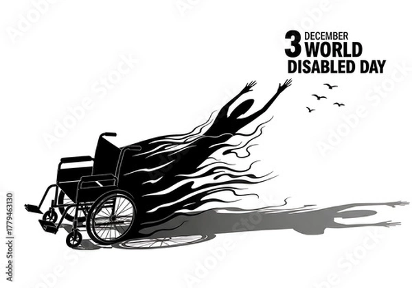 Fototapeta World disabled day concept, person emerging from wheelchair like a flame with birds flying in the sky, isolated on white background