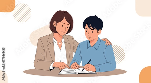 Fototapeta Woman Guides Young Man With Pen, Emphasizing Collaboration and Direction in Work Context