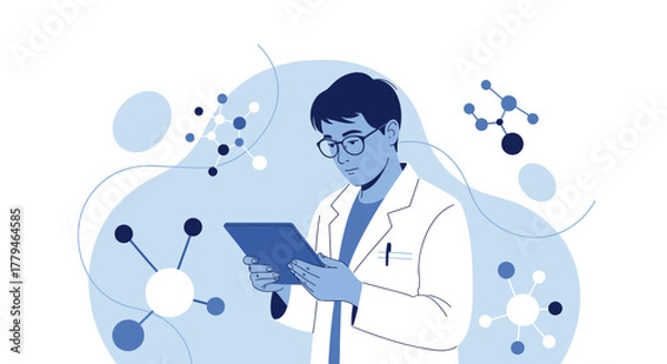 Fototapeta Scientist Analyzing Data on Tablet Depicting Molecular Structures In Digital Form