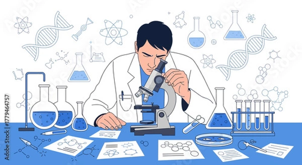 Fototapeta Scientist Conducting Laboratory Research Using Microscope With Scientific and Bio Objects Displayed