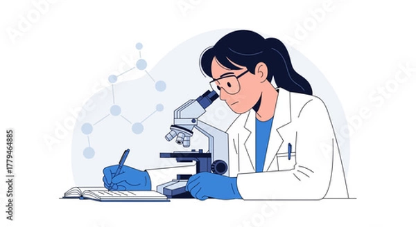 Fototapeta Scientist Performs Research With Microscope Writing Notes For Scientific Process