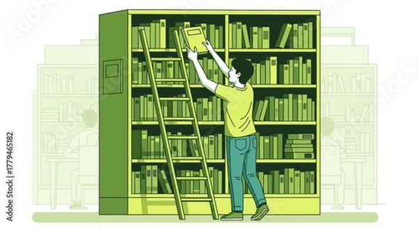 Fototapeta Seeking Knowledge: A Person Retrieving a Book from Library Shelves' Highest Section