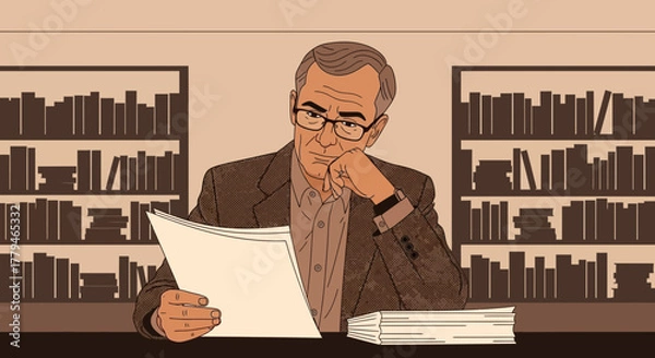 Fototapeta Serious Professional Reviewing Documents in Library with Bookshelves Surrounding Him