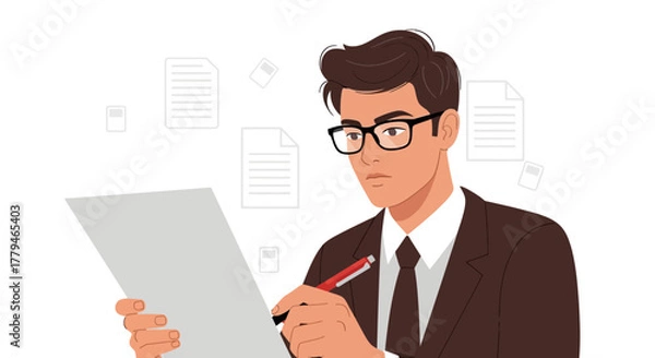 Fototapeta Serious Professional Writing, Analyzing Documents with Pen and Paper for Important Decisions