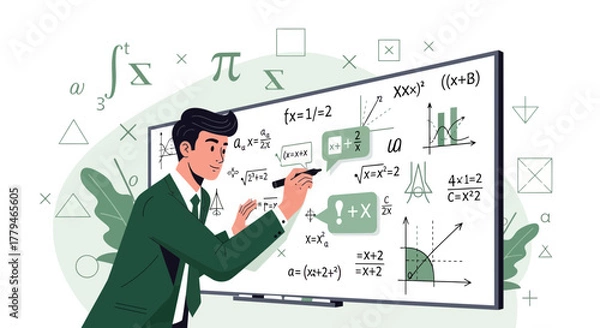 Fototapeta Smart Young Man Teaching Mathematics Equations And Illustrating Complex Formulas