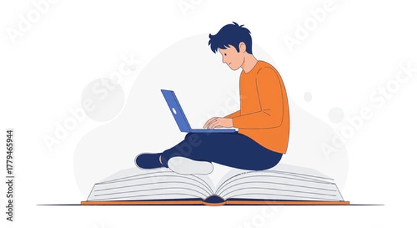 Fototapeta Student Blended Learning and Digital Education Practices Using a Laptop From a Big Book