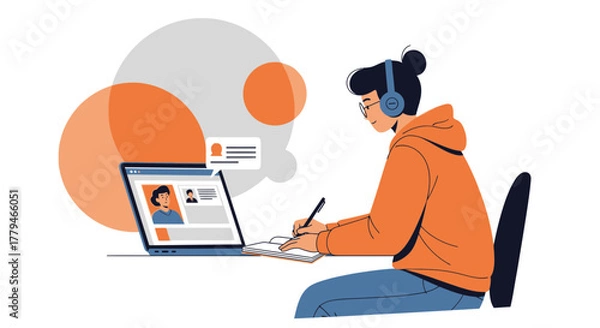 Fototapeta Student Engaged In Virtual Learning and Note-Taking During Online Course