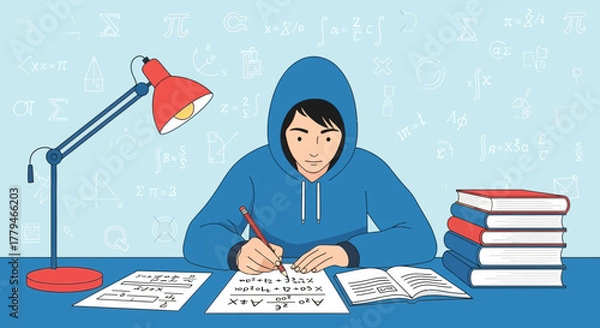 Fototapeta Student Focused On Math homework Under The Light Of The Desk Lamp Illustration