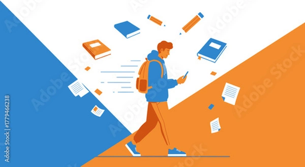 Fototapeta Student Immersed in Learning and Using Modern Technology During His Walk