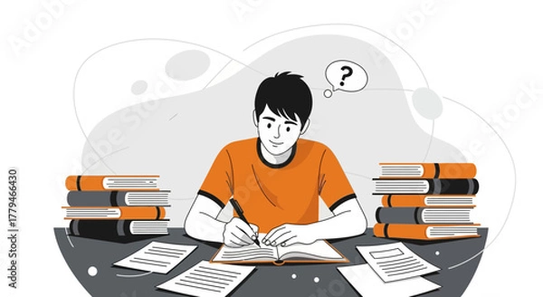 Fototapeta Student Penning Thoughts Amidst Literature Preparing For Exams With Doubt in Mind