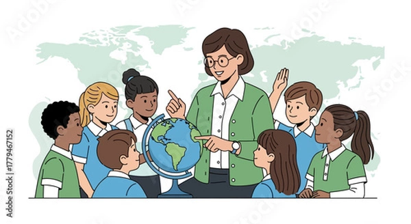 Fototapeta Teacher Educating Children About The World Globe In A Classroom Illustration
