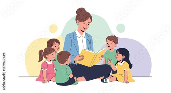 Obraz Teacher Reading A Book To A Group Of Children, Sharing Knowledge And Joy