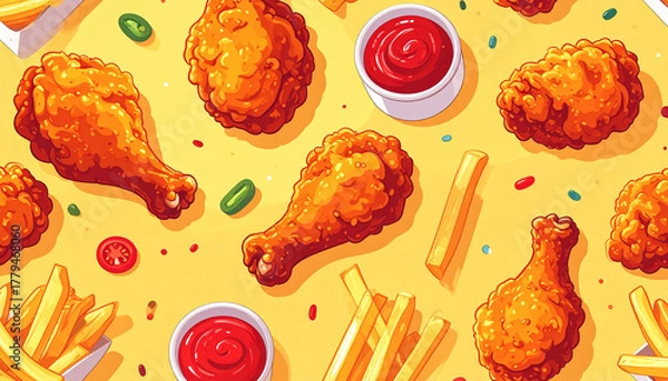 Fototapeta A seamless vector pattern of crispy fried chicken drumsticks, chicken wings, dipping sauces, and fries