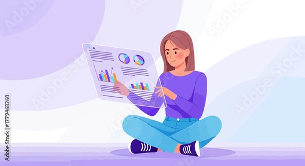 Fototapeta Woman Analyzing Data Charts on a Transparent Tablet, Modern Technology, Information Visualizations