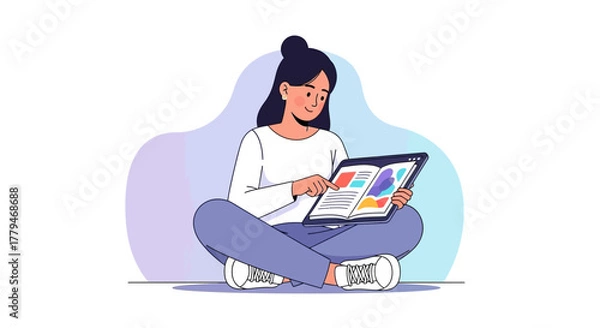 Fototapeta Woman Enjoying Reading, Cross-Legged, Absorbed By the Digital Book's Content