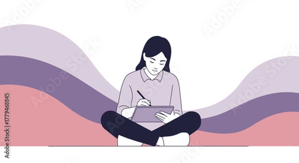 Fototapeta Woman Focused on Digital Art Pen Tablet Surrounded by Soft Pastel Swirl Design