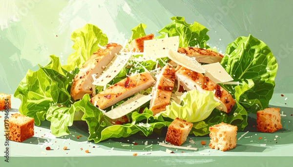 Fototapeta A fresh vector of Caesar salad with romaine lettuce, grilled chicken strips, parmesan, and crunchy croutons. 
