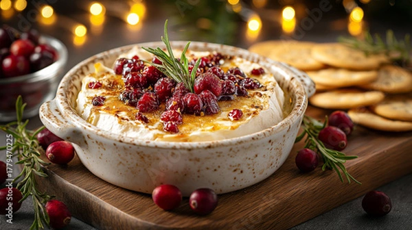 Fototapeta Baked camembert cheese with cranberries and rosemary in a ceramic dish, served on a wooden board with crackers and festive lighting