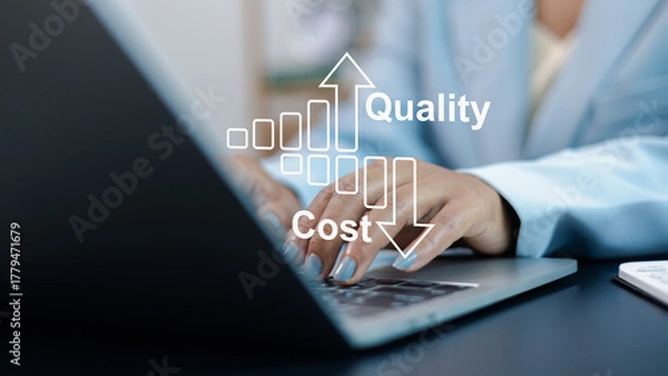 Obraz Business Efficiency Concept with Cost Reduction and Quality Improvement on Laptop