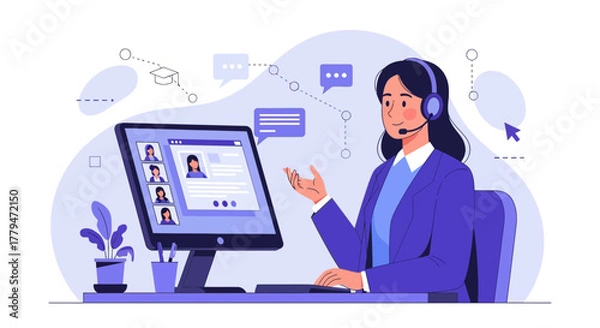 Obraz Woman In Video Call At Her Desk Communicates And Works Remotely With Others.