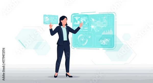 Obraz Woman Interacting With Futuristic Technology Representing Data Analysis And Global Connectivity