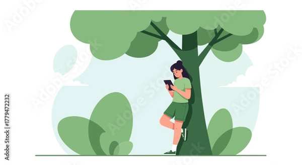 Obraz Woman Leaning Against A Tree Using A Tablet, Outdoors In A Bright Daylight Scene