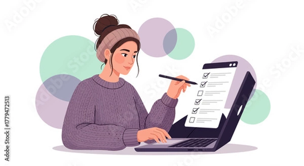 Obraz Woman Makes Checklist on Laptop Screen, Prioritizing Tasks and Planning Successfully