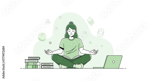 Obraz Woman Meditating Whilst Studying With Laptop And Books For a Balanced Life