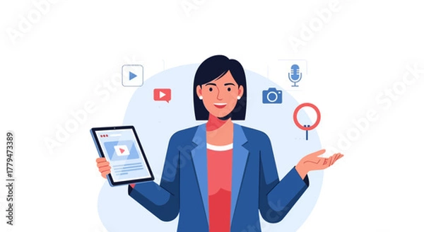 Obraz Woman Presenting Multimedia Content on Tablet with Social Media Symbols