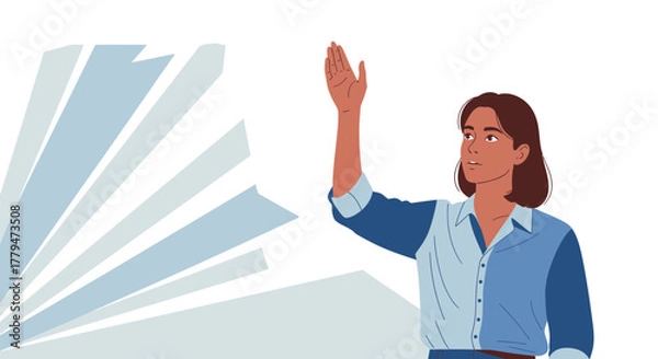 Obraz Woman Raising Hand Vector Illustration With Abstract Elements On White Background