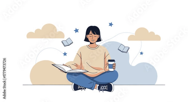 Obraz Woman Seated, Reading Book, With Coffee Cup and Thought Bubbles Creating Ambiance