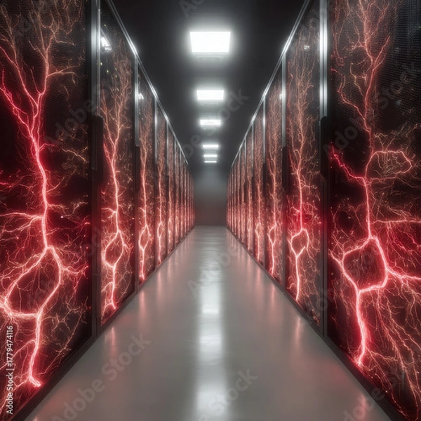 Fototapeta Shadow AI infiltrates a glowing server room with holographic technology in a cybersecurity setting