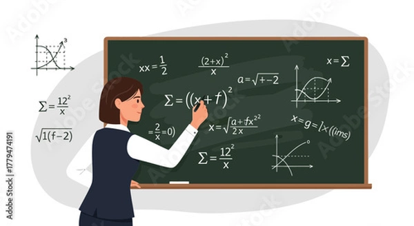 Obraz Woman Solving Complicated Equations On A Chalkboard For Educational Illustration