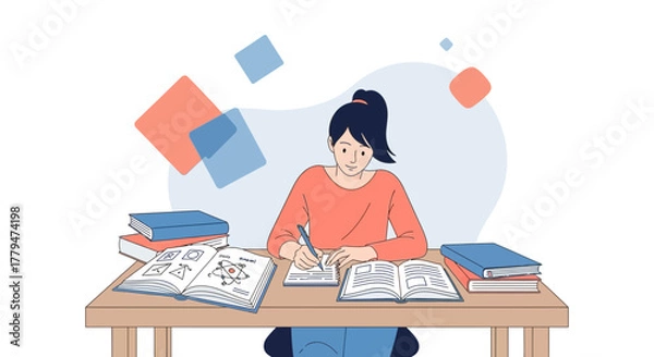 Obraz Woman Studying Diligently At A Desk Surrounded By Books and Taking Notes