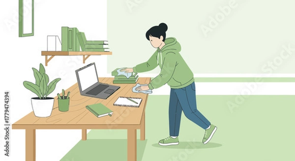 Obraz Woman Tidying And Sanitizing Office Space Depicting Hygiene And Organization